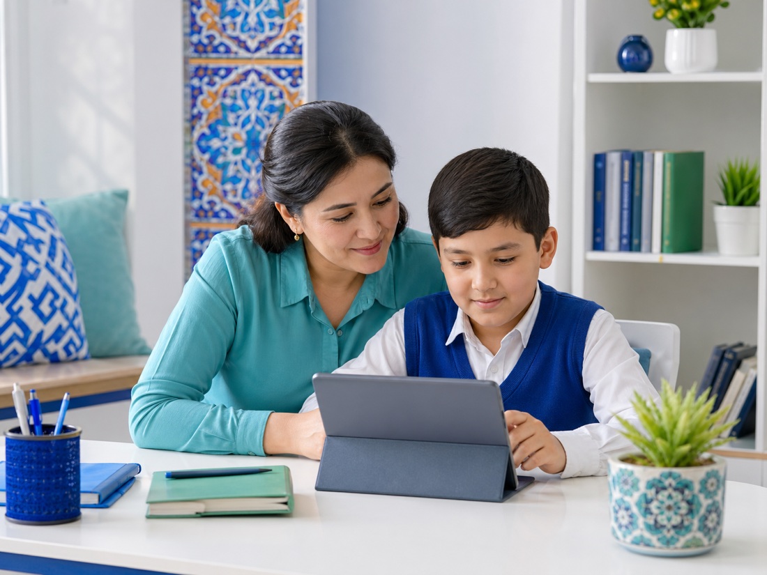 Взрослый помогает ребенку заниматься на планшете